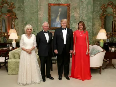 LONDON, ENGLAND - JUNE 04: US President Donald Trump and First Lady Melania Trump host a dinner at Winfield House for Prince Charles, Prince of Wales and Camilla, Duchess of Cornwall, during their state visit on June 04, 2019 in London, England. President Trump's three-day state visit began with lunch with the Queen, followed by a State Banquet at Buckingham Palace, whilst today he attended business meetings with the Prime Minister and the Duke of York, before traveling to Portsmouth to mark the 75th anniversary of the D-Day landings. (Photo by Chris Jackson - WPA Pool/Getty Images)