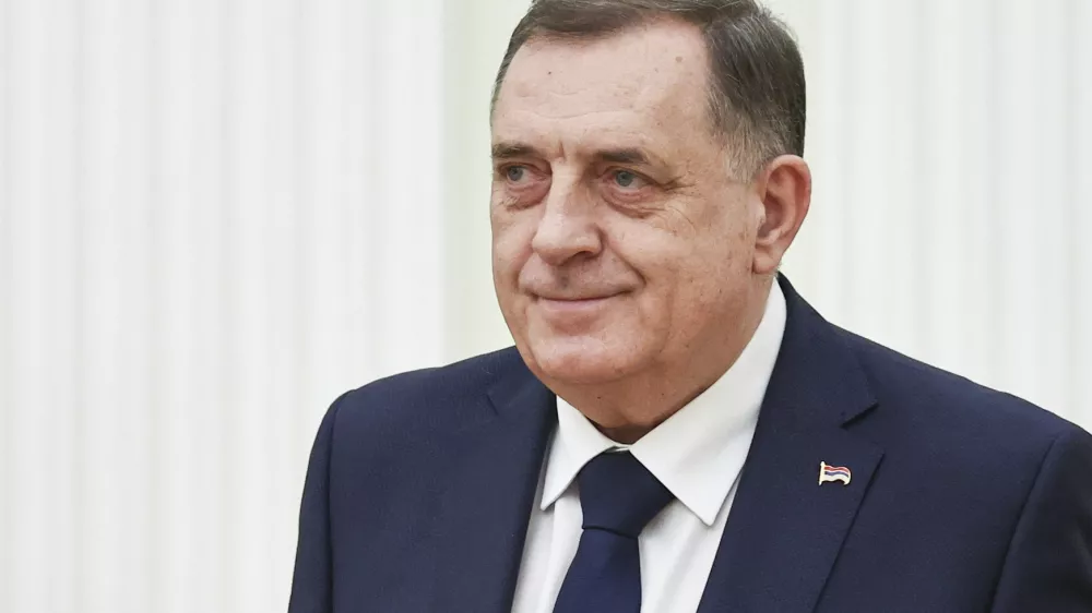Bosnian Serb President Milorad Dodik attends a meeting with Russian President Vladimir Putin meeting at the Kremlin in Moscow, Russia, Tuesday, April 1, 2025. (Mikhail Tereshchenko, Sputnik, Kremlin Pool Photo via AP)