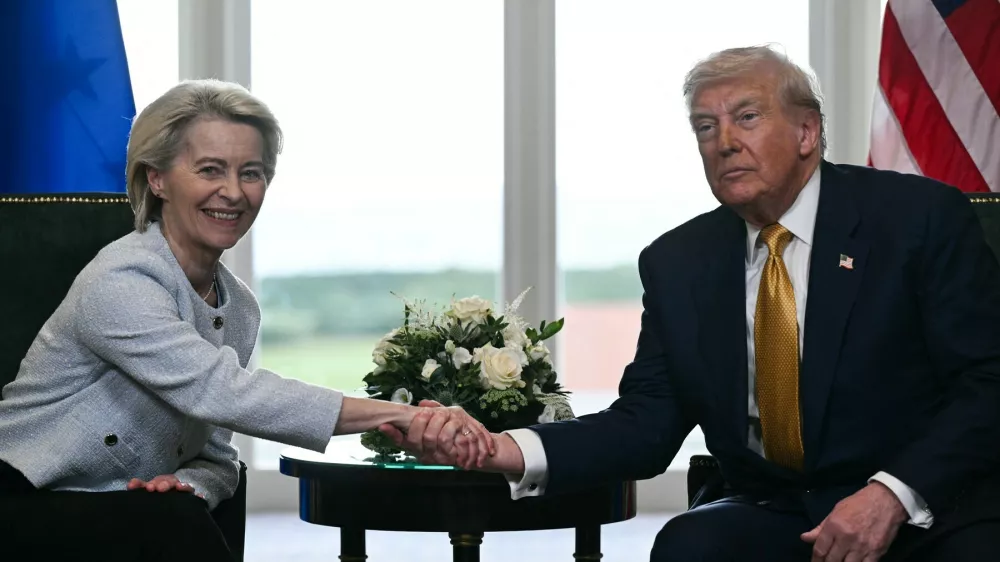 (FILES) US President Donald Trump (R) shakes hands with European Commission President Ursula von der Leyen (L) after agreeing on a trade deal between the two economies following their meeting, in Turnberry south west Scotland on July 27, 2025, on the third day of his visit to the country, since his second tenure as President began. US President Donald Trump ordered the reimposition of tariffs on dozens of trading partners on July 31, 2025 -- his cornerstone strategy for reshaping global trade to benefit the US economy. However in a minor reprieve, the White House said the measures will take effect in a week, not on August 1 as previously expected.,Image: 1027041292, License: Rights-managed, Restrictions:, Model Release: no