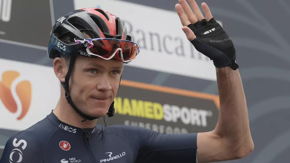 FILE - Chris Froome gestures during the 55th edition of Tirreno–Adriatico cycling from Norcia to Sassano-Sassotetto in Norcia, Italy, Sept. 11, 2020. (Fabio Ferrari/LaPresse via AP, File)