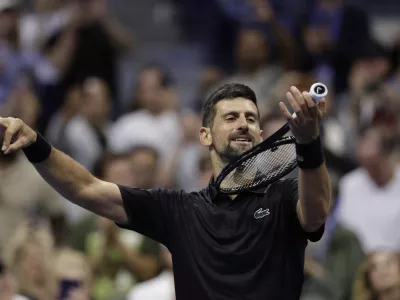 Novak Djokovic, of Serbia, reacts following a third round of the U.S. Open tennis championships, Friday, Aug. 29, 2025, in New York. (AP Photo/Adam Hunger)