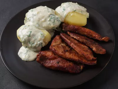 Crispy fried pork with creamy parsley sauce and boiled potato in the plate on the table or stegt flæsk, a classic Danish cuisine. / Foto: Nataly Hanin