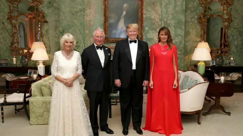 LONDON, ENGLAND - JUNE 04: US President Donald Trump and First Lady Melania Trump host a dinner at Winfield House for Prince Charles, Prince of Wales and Camilla, Duchess of Cornwall, during their state visit on June 04, 2019 in London, England. President Trump's three-day state visit began with lunch with the Queen, followed by a State Banquet at Buckingham Palace, whilst today he attended business meetings with the Prime Minister and the Duke of York, before traveling to Portsmouth to mark the 75th anniversary of the D-Day landings. (Photo by Chris Jackson - WPA Pool/Getty Images)