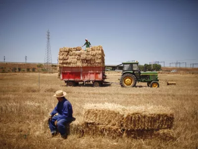 Spanish farmers collect bales of hay at a field in Antequera, near the southern Spanish city of Malaga, July 23, 2010. Spanish farmers have harvested about 70 percent of the import-dependent country's wheat crop and 60 percent of its barley, union estimates showed on Friday.The Asaja union said field work was 60 percent complete in the northerly Castilla-Leon grain belt region, which the government predicts will harvest some 2 million tonnes of wheat and 3 million tonnes of barley.  REUTERS/Jon Nazca   (SPAIN - Tags: AGRICULTURE BUSINESS FOOD)