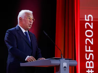 Antonio Costa, President of the European Council speaks on the opening day of Bled Strategic Forum in Bled, Slovenia September 1, 2025. REUTERS/Borut Zivulovic