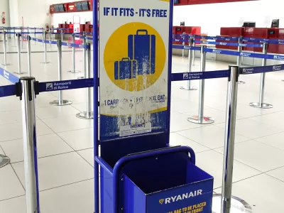 Box to measure the size of hand Luggage into the cabin of the airline ryanair. Milan, Italy