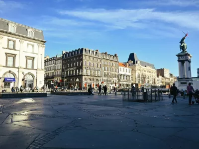 February 16, 2023, Clermont Ferrand, Auvergne Rhone Alpes, France: Near the main square of the city, the place de Jaude. On the right, the statue of Vercingetorix. Daily life in Clermont-Ferrand, central France. As the sun comes back and temperatures are rising, people are making the most of it by going out in the city.,Image: 756607032, License: Rights-managed, Restrictions:, Model Release: no