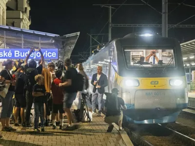 Zahájení provozu jednotek Pendolino z Prahy do Českých Budějovic, 31. srpna 2025, České Budějovice. První spoj v cíli.,Image: 1033037472, License: Rights-managed, Restrictions:, Model Release: no