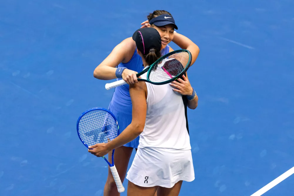 Sep 3, 2025; Flushing, NY, USA; Amanda Anisimova of the United States celebrates her victory over Iga Swiatek of Poland in the quarterfinal of the women's singles at the US Open at Arthur Ashe Stadium in Billie Jean King National Tennis Center. Mandatory Credit: Mike Frey-Imagn Images