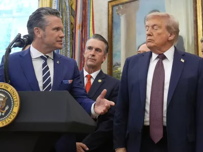 Defense Secretary Pete Hegseth speaks at an event with President Donald Trump on the relocation of U.S. Space Command headquarters from Colorado to Alabama in the Oval Office of the White House, Tuesday, Sept. 2, 2025, in Washington. (AP Photo/Mark Schiefelbein)