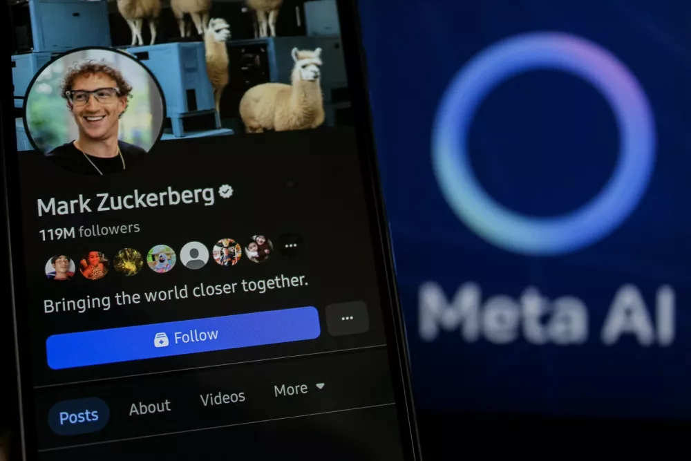 February 25, 2025, Bandung, West Java, Indonesia: In this photo illustration, the Mark Zuckerberg facebook account profiles displayed on a smartphone screen with Meta AI in the background.,Image: 968652813, License: Rights-managed, Restrictions:, Model Release: no