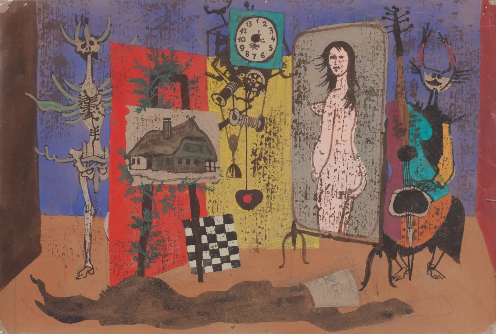 France Mihelič, Spomin na mladost, petdeseta ali šestdeseta leta 20. stoletja, tempera, svinčnik, / Foto: Arhiv Pmpo