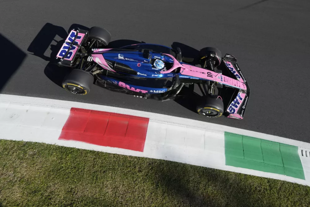 Alpine driver Pierre Gasly of France steers his car during the second free practice ahead of the Italian Grand Prix at the Monza racetrack in Monza, Italy, Friday, Sept. 5, 2025. (AP Photo/Luca Bruno)