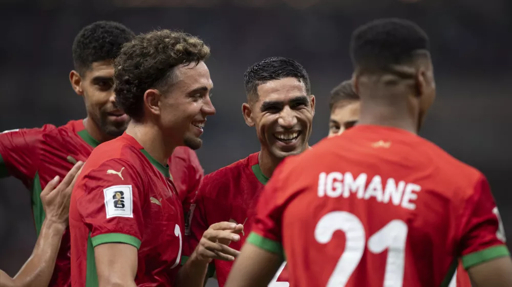 Morocco players celebrate after scoring a gaol against Niger during the World Cup group E qualifying soccer match at Stade Prince Moulay Abdallah in Rabat, Morocco, Friday, Sep. 5, 2025. (AP Photo)