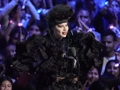 Lady Gaga accepts the award for artist of the year during the MTV Video Music Awards on Sunday, Sept. 7, 2025, at UBS Arena in Elmont, N.Y. (Photo by Charles Sykes/Invision/AP)