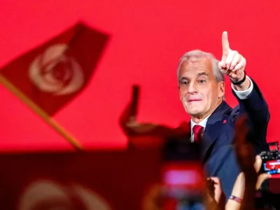 Party leader Jonas Gahr Store gestures during the Labor Party's election vigil at the People's House during the 2025 General Election, in Oslo, Norway, September 8, 2025. Javad Parsa/NTB/via REUTERS  ATTENTION EDITORS - THIS IMAGE WAS PROVIDED BY A THIRD PARTY. NORWAY OUT. NO COMMERCIAL OR EDITORIAL SALES IN NORWAY.