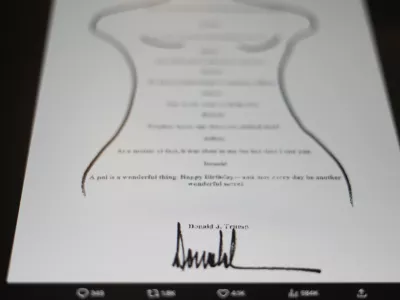 This image posted Monday, Sept. 8, 2025, on the X account of the Democrats on the House Oversight Committee shows a sexually suggestive birthday note to Jeffrey Epstein alluding to a "wonderful secret" and purportedly signed by President Donald Trump, who has denied sending the note. (@OversightDems/X via AP)