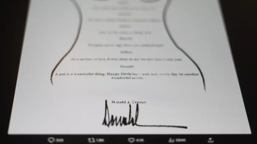 This image posted Monday, Sept. 8, 2025, on the X account of the Democrats on the House Oversight Committee shows a sexually suggestive birthday note to Jeffrey Epstein alluding to a "wonderful secret" and purportedly signed by President Donald Trump, who has denied sending the note. (@OversightDems/X via AP)