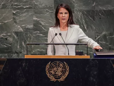 Annalena Baerbock, President-elect of the 80th General Assembly, takes the oath following the swearing-in ceremony at U.N. headquarters in New York City, U.S., September 9, 2025. REUTERS/Jeenah Moon