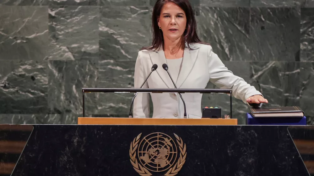Annalena Baerbock, President-elect of the 80th General Assembly, takes the oath following the swearing-in ceremony at U.N. headquarters in New York City, U.S., September 9, 2025. REUTERS/Jeenah Moon