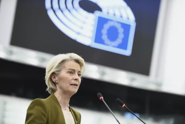 European Commission President Ursula von der Leyen gestures as she delivers a major state of the union speech at the European Parliament in Strasbourg, eastern France, Wednesday, Sept. 10, 2025. (AP Photo/Pascal Bastien)