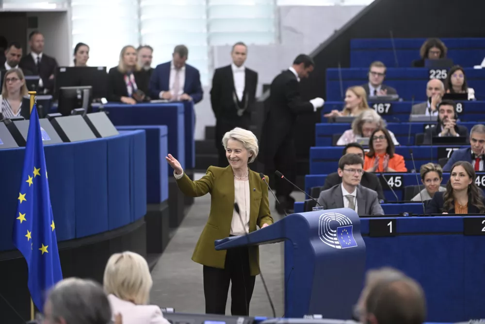 European Commission President Ursula von der Leyen gestures as she delivers a major state of the union speech at the European Parliament in Strasbourg, eastern France, Wednesday, Sept. 10, 2025. (AP Photo/Pascal Bastien)
