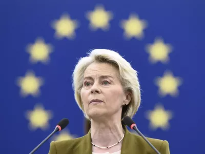 European Commission President Ursula von der Leyen delivers a major state of the union speech at the European Parliament in Strasbourg, eastern France, Wednesday, Sept. 10, 2025. (AP Photo/Pascal Bastien)