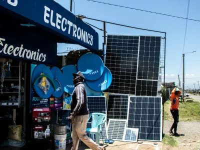 An electronic shop displaying solar panels among other products near Nyeri Town.,Image: 907082204, License: Rights-managed, Restrictions: *** World Rights ***, Model Release: no