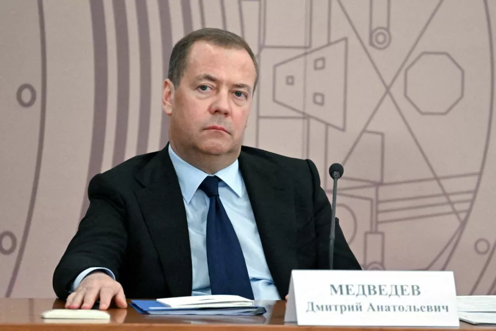 FILE PHOTO: Russia's Security Council's Deputy Chairman Dmitry Medvedev attends a meeting of the Council for Science and Education at the Joint Institute for Nuclear Research in the Moscow region's city of Dubna, Russia June 13, 2024. Sputnik/Alexei Maishev/Pool via REUTERS ATTENTION EDITORS - THIS IMAGE WAS PROVIDED BY A THIRD PARTY/File Photo