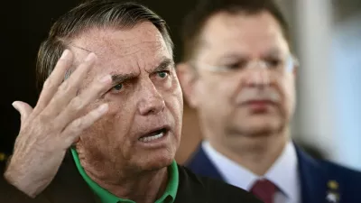 Former Brazilian President Jair Bolsonaro speaks to the press at the Federal Senate in Brasilia on July 17, 2025. Brazilija, Jair Bolsonaro, politika, državni udar, obtožbe