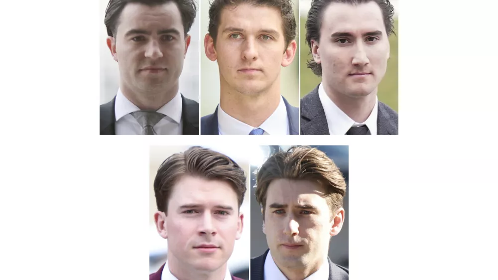 FILE - This combo of 2025 file photos taken in London, Ontario, shows, from top left, Dillon Dube, Cal Foote, Alex Formenton, and from bottom left, Carter Hart, and Michael McLeod, five hockey players acquitted of sexual assault charges stemming from an incident in 2018. (Canadian Press via AP, File)