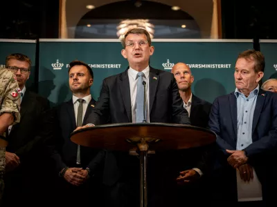 Simon Kollerup, Danish Minister of Defense Troels Lund Poulsen, Carsten Bach and Peter Juel-Jensen attend a press conference on the acquisition of ground-based air defence, at the Ministry of Defence in Copenhagen, Denmark, September 12, 2025. Ritzau Scanpix/Emil Helms via REUTERS  ATTENTION EDITORS - THIS IMAGE WAS PROVIDED BY A THIRD PARTY. DENMARK OUT. NO COMMERCIAL OR EDITORIAL SALES IN DENMARK.