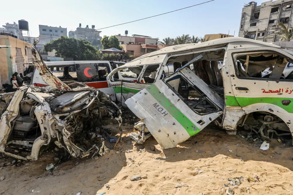 14 September 2025, Palestinian Territories, Gaza: Ambulances and emergency vehicles have been put out of service due to shelling, and destruction by Israeli bulldozers during incursions into several cities. According to an employee of the Palestinian Ministry of Health's ambulance and emergency services at Nasser Hospital in Khan Yunis, southern Gaza Strip, a significant number of ambulance officers have been killed and others injured while performing their duties. Photo: Abed Rahim Khatib/dpa