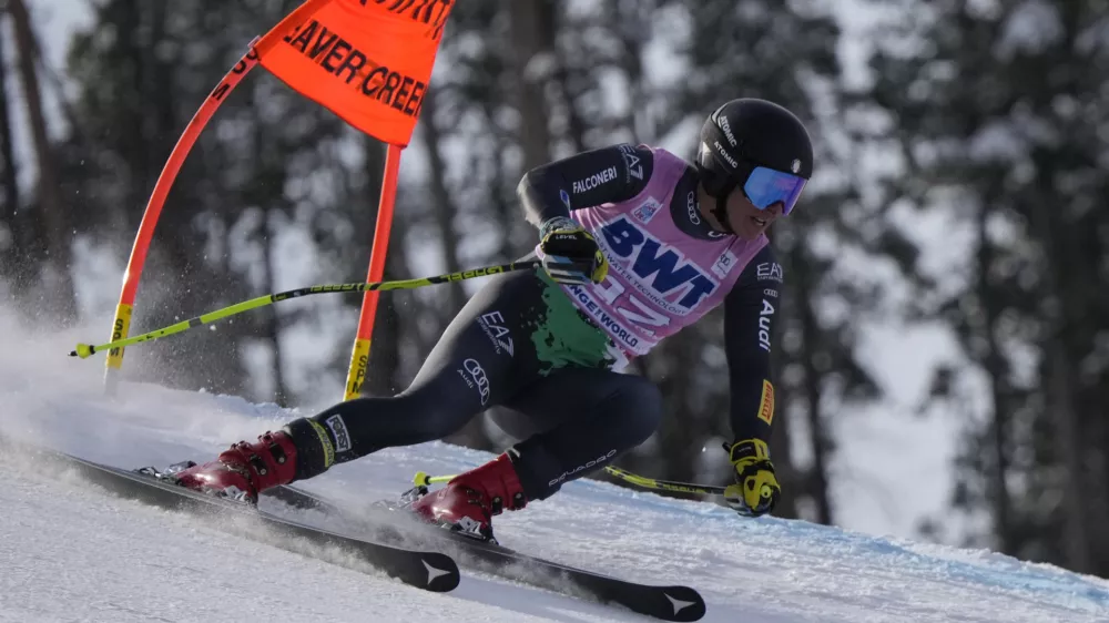 FILE - Italy's Matteo Franzoso competes during a men's World Cup super-G skiing race, Dec. 4, 2022, in Beaver Creek, Colo. (AP Photo/Robert F. Bukaty, file)