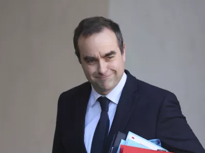 FILE - French Defense Minister Sebastien Lecornu leaves the first cabinet meeting of the new government, at the Elysee Palace in Paris, Friday, Jan. 3, 2025. (AP Photo/Thomas Padilla, File)