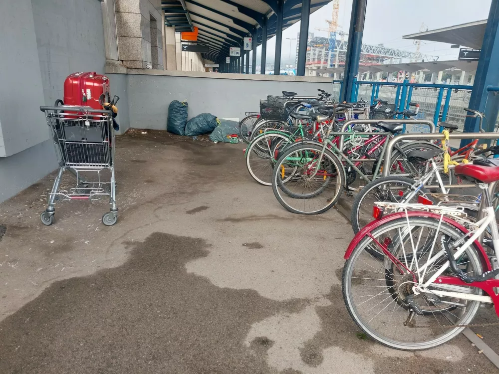 Uporabnik javnega železniškega prometa opozarja tudi na navlako in odpadke ki na mesto kolesarnice vztrajajo že tedne. Foto: Miha Pavšek
