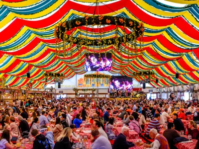Munich, Germany - April 23: typical bavarian beertent with guests and decoration at the annual spring festival (Frühlingsfest) in Munich on April 23, 2023
