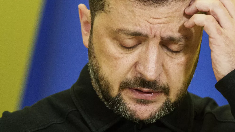 Ukraine's President Volodymyr Zelenskyy speaks during a joint press conference with European Parliament President Roberta Metsola in Kyiv, Ukraine, Wednesday, Sept. 17, 2025. (AP Photo/Evgeniy Maloletka)
