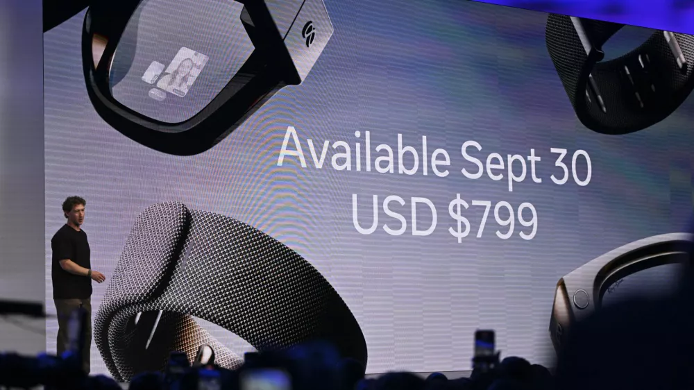 Meta CEO Mark Zuckerberg speaks during the company's Connect developer conference Wednesday, Sept. 17, 2025, in Menlo Park, Calif. (AP Photo/Nic Coury)