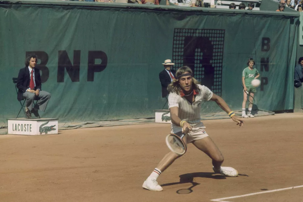 FILE - Bj&ouml;rn Borg, of Sweden, competes at the French Open Tennis Championships at Roland Garros Stadium, June 1976. (AP Photo/GK, File)