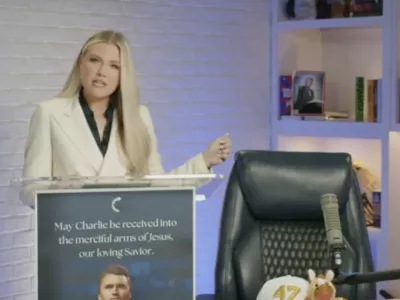 Picture MUST credit: Turning Point USA The wife of murdered US activist Charlie Kirk has spoken publicly for the first time since her husband's assassination. And she vowed to continue the political movement, Turning Point USA, her husband started. Erika Kirk stood next to the empty chair once used by Charlie in his studio while she addressed an online audience. She had to pause several times to catch her breath and wipe away tears. She declared: "'Charlie, I promise I will never let your legacy die, baby. "I promise I'll make Turning Point USA the biggest thing that this nation has ever seen.'     Wearing an emerald green shirt and white blazer, Erika Kirk thanked President Donald Trump and his family for their support. She said: "'Mr President, my husband loved you and he knew that you loved him too. He did. Your friendship was amazing. You supported him so well, as did he for you." She also thanked Vice-President JD Vance and his wife Usha for accompanying his coffin which she called "bringing him home." Picture supplied by JLPPA,Image: 1036843171, License: Rights-managed, Restrictions:, Model Release: no