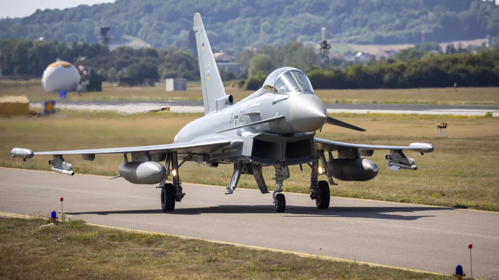 FILE - A German Eurofighter gets ready for takeoff at Neuburg Air Base in Neuburg An Der Donau, Germany, Monday Aug. 15, 2022. (Daniel Karmann/dpa via AP, File)
