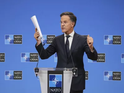 NATO Secretary General Mark Rutte speaks during a media conference at NATO headquarters in Brussels, Tuesday, Sept. 23, 2025. (AP Photo/Virginia Mayo)