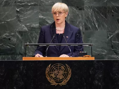 Slovenia President Natasa Pirc Musar addresses the 80th session of the United Nations General Assembly, Tuesday, Sept. 23, 2025. (AP Photo/Richard Drew)