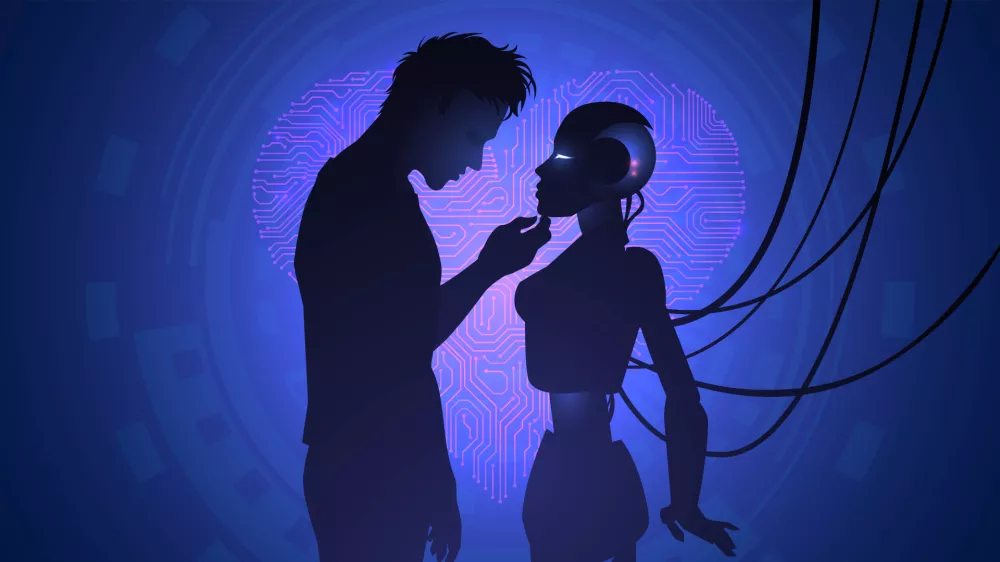 Silhouette of a pair of man and robot woman us against the background of blue light and heart. Cyber love concept / Foto: Lidiia Moor