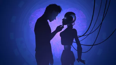 Silhouette of a pair of man and robot woman us against the background of blue light and heart. Cyber love concept / Foto: Lidiia Moor