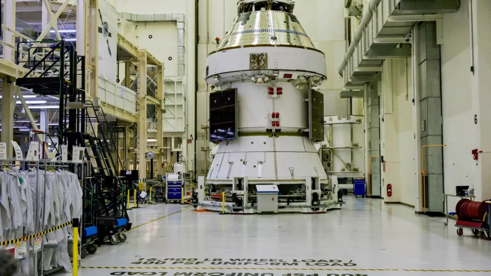 FILE PHOTO: The Artemis 2 Orion crew and service modules sit inside the Operations & Checkoput Building during a NASA media day event at the Kennedy Space Center in Cape Canaveral, Florida, U.S., March 7, 2025. REUTERS/Steve Nesius/File Photo/File Photo