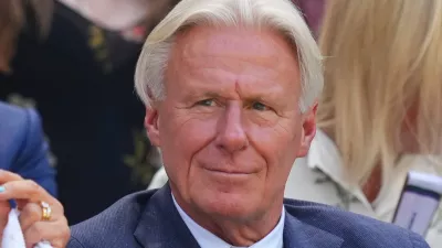 FILE - Tennis legend Bjorn Borg sits in the Royal Box to watch Aryna Sabalenka, of Belarus, and Amanda Anisimova,of the United States,. to play in a women's singles semifinal match at the Wimbledon Tennis Championships in London, Thursday, July 10, 2025. (AP Photo/Kirsty Wigglesworth, File)