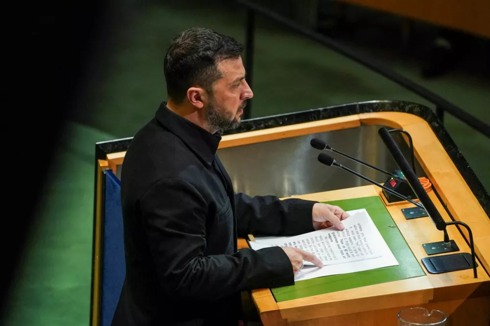 Ukraine's President Volodymyr Zelenskiy addresses the 80th United Nations General Assembly (UNGA) at the U.N. headquarters in New York, U.S., September 24, 2025. REUTERS/Bing Guan
