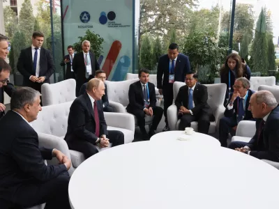 From left; Iranian Vice President and the head of the Atomic Energy Organization of Iran (AEOI) Mohammad Eslami, Russian President Vladimir Putin, Uzbek Deputy Prime Minister Zhamshid Khodzhayev, Myanmar's Military leader Senior Gen. Min Aung Hlaing, International Atomic Energy Agency (IAEA) Director General Rafael Grossi and Armenian Prime Minister Nikol Pashinyan speak ahead of a session at the World Atomic Week forum at the Exhibition of Achievements of National Economy (VDNKh) in Moscow, Thursday, Sept. 25, 2025. (Mikhail Metzel, Sputnik, Kremlin Pool Photo via AP)